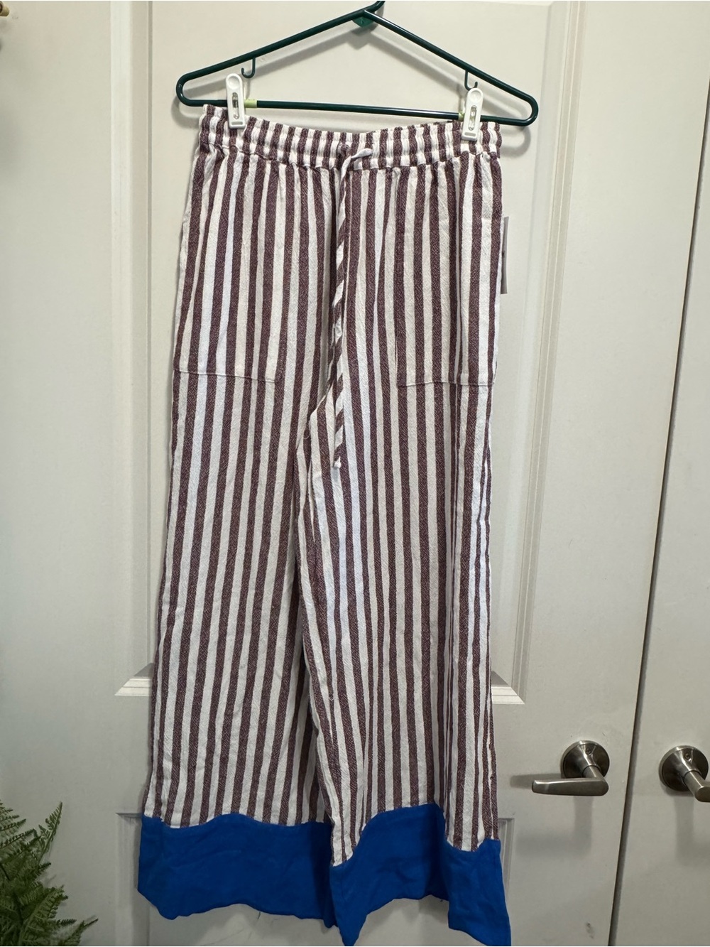 & Other Stories Maroon and White Striped Joggers with Blue Hem